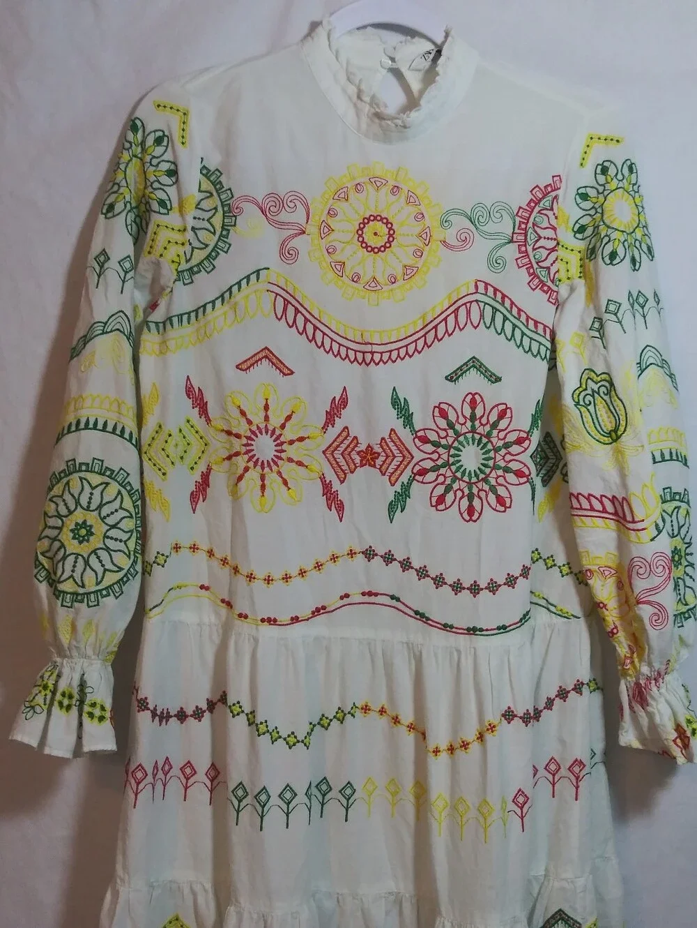 Zara Boho White Maxi Dress with Multicolor Embroidered Medallions Size XS